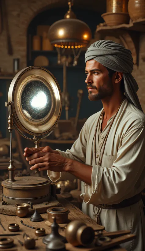 **Prompt:** wider long zoom out. Create a hyperrealistic digital artwork depicting an ancient Arabic optical reflector maker in a medieval panoramic workshop. The scene should capture a fully-body portrait of a handsome young male character, smiling as he ...