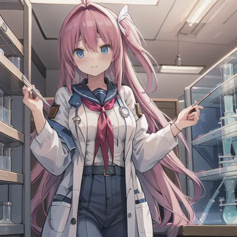 Depict a 20-year-old, stunningly beautiful woman conducting an experiment in a well-equipped science lab. She wears a pristine white lab coat over professional attire, her expression focused as she carefully handles scientific instruments. Whether her hair...