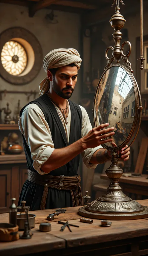 **Prompt:** wider long zoom out. Create a hyperrealistic digital artwork depicting an ancient Arabic optical reflector maker in a medieval panoramic workshop. The scene should capture a fully-body portrait of a handsome young male character, smiling as he ...