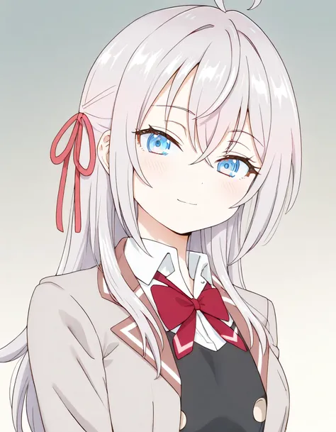 masterpiece, best quality, amazing quality,
1girl, solo, looking at viewer, gradient background, upper body, light smile,
long hair, silver hair, ahoge, crossed bangs, red hair ribbon, sidelocks, blue eyes,
school uniform, grey jacket, open jacket, long sl...