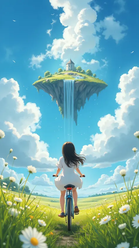 (masterpiece:1.5), (best quality), 8k resolution, Ultra HD Details, Real photography style,
The background of a young girl in the center of the picture,Low angle looking up view,She rides a retro bike, wearing a white dress ,long hair flutters with the...