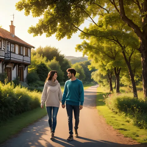 A young couple, both wearing matching blue sweaters, walks along the middle of a scenic road in a European nature park, each holding a cup of coffee. The sun casts a warm, golden glow over them, enhancing the romantic and peaceful atmosphere. They are enga...