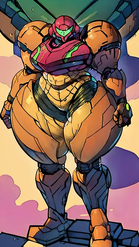  Curvy Woman , Wear a mecha suit and interact while leaning on something in an extroverted pose+ medieval armor+SAMUS ARAN BLACK COSTUME、WITH GOLD METAL PARTS, WEAR A HELMET ON YOUR HEAD, stare at an audience with a round stomach, ((( Curvy Woman ))), City...