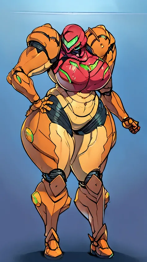  Curvy Woman , Wear a mecha suit and interact while leaning on something in an extroverted pose+ medieval armor+SAMUS ARAN BLACK COSTUME、WITH GOLD METAL PARTS, WEAR A HELMET ON YOUR HEAD, stare at an audience with a round stomach, ((( Curvy Woman ))), City...