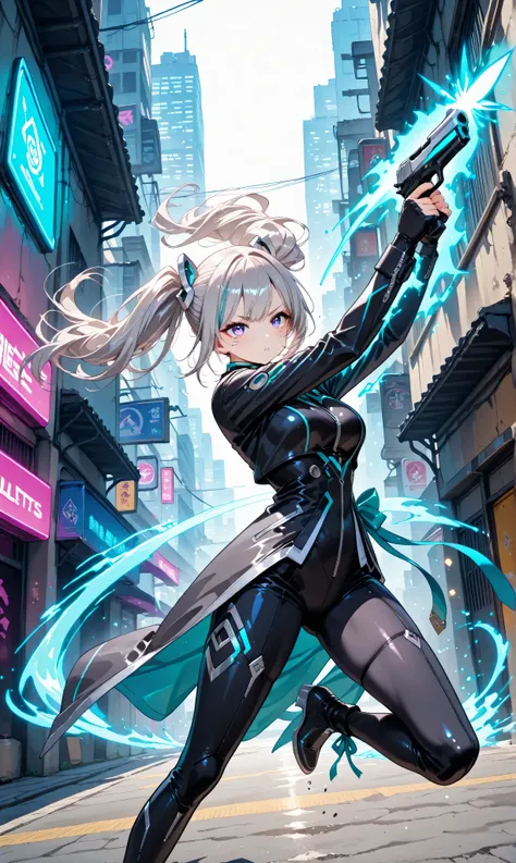 Dodging Bullets、((slow motion:1.3)),((Large、bullets surround her:1.3))、A girl with jet-black twin tails tied with ribbons, clad in a teal qipao with silver accents, wielding a pistol, opponent’s bullets surrounding her in slow motion, suspended in a neon-l...