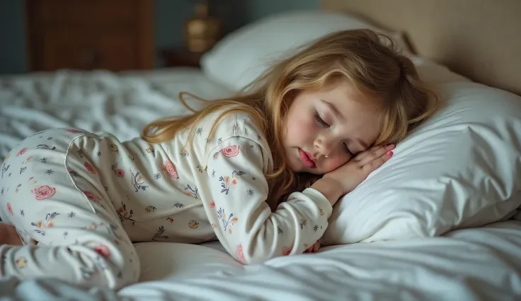  fille allongée dans son lit avec un mini pyjama moulant , pantalon long avec des dessins ,  dormant sur sa poitrine et ne montrant que son dos et ses fesses,  sans la literie seulement un oreiller,  cheveux longs et ondulés lâches , blonde très claire ,  ...