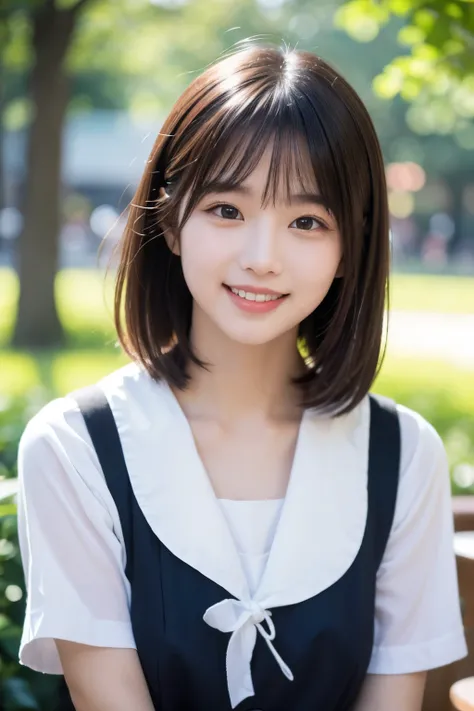18-year-old Japan 、 beautiful park with blue sky in the background 、happy smiles and idol-like faces、short bob、 teeth and smile、sailor suit、table top, top quality, 8k, , alone, violet, Gardenia, Delicate Girl, upper body, DSLR, viewers, Frank, refined, Z...