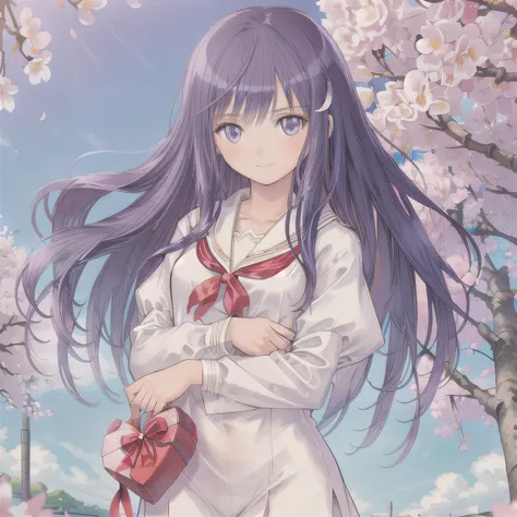 A breathtakingly beautiful 20-year-old woman stands in a lush park filled with cherry blossoms in full bloom beneath a clear blue sky. She wears a classic sailor uniform and gently holds a small, neatly wrapped gift box adorned with a red ribbon. Her radia...