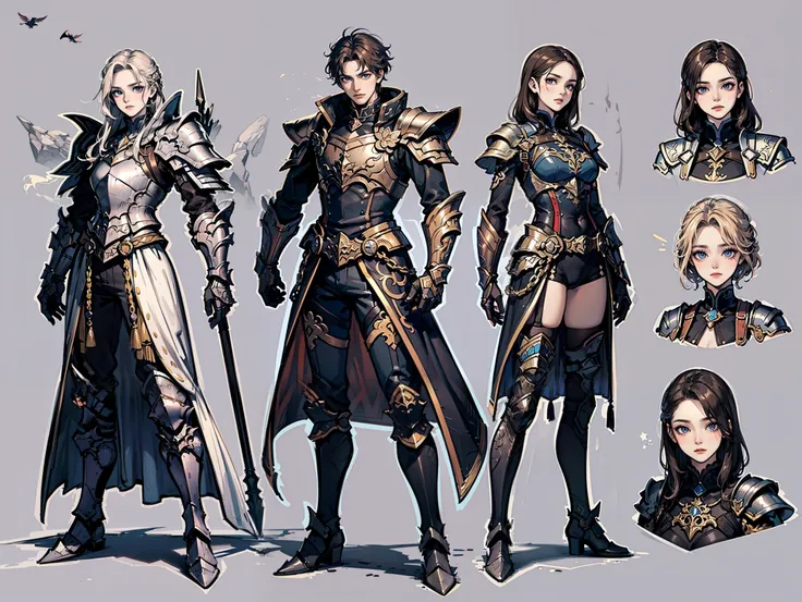 three unique protagonists in an outside rocks environment different calm poses, fantasy themed art and background, gang like pose, character selection like, elegant and intimidating, detailed full metal armor uncommon outfits, all full-body, characters she...