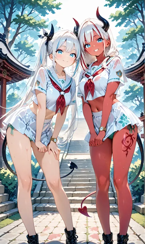 masterpiece, best quality, very aesthetic, Engraved, (watercolor: 0.4), ( pastel : 0.6), Two girls snuggling up under the eaves where the rain falls, left side: Short Man, Tied with ribbon、Jet black long twin tail with faint white highlights, white sailor ...