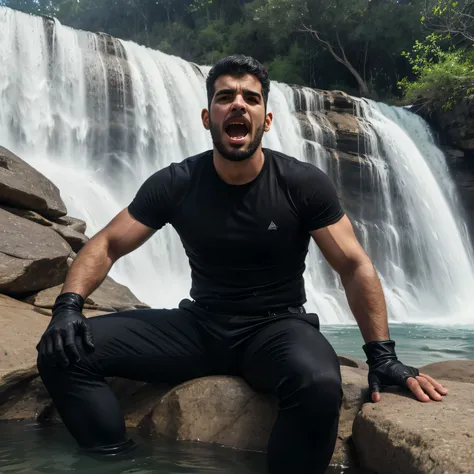 29 years old、handsome guy ,  2 guys,white shirt。black tie、 black hair、Short Hair、Natural short hair perm、 in the woods、waterfall slide　In the water、 as seen from below。　up your upper body 　 Menacing look　　black slim pants looking into the ocean　　 black glo...