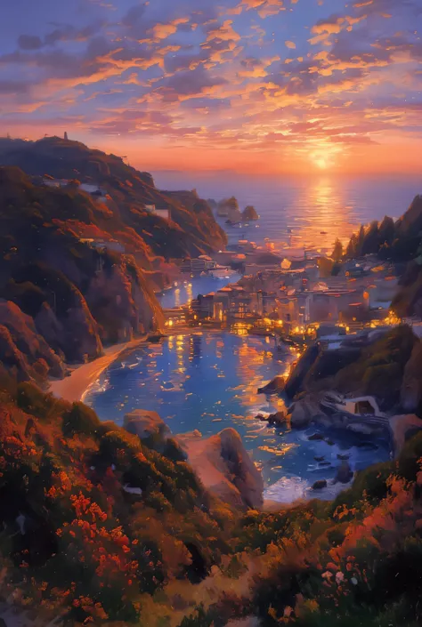 (painting, 1.4),  8K resolution, masterpiece, Premium Quality, Award-winning works,  Warm Tone,The coast illuminated by the sunset,Yamashiro