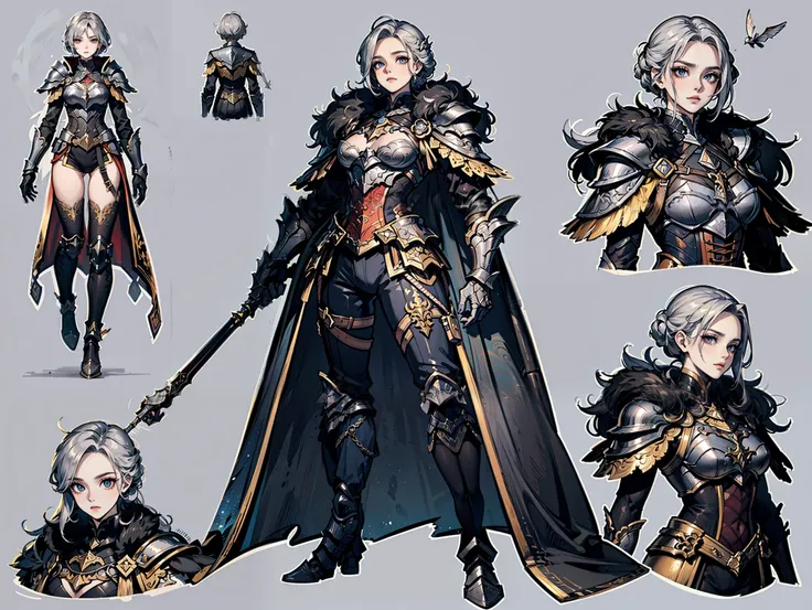three unique protagonists in an outside rocks environment different calm poses, fantasy themed art and background, gang like pose, character selection like, elegant and intimidating, detailed full metal armor uncommon outfits, all full-body, characters she...