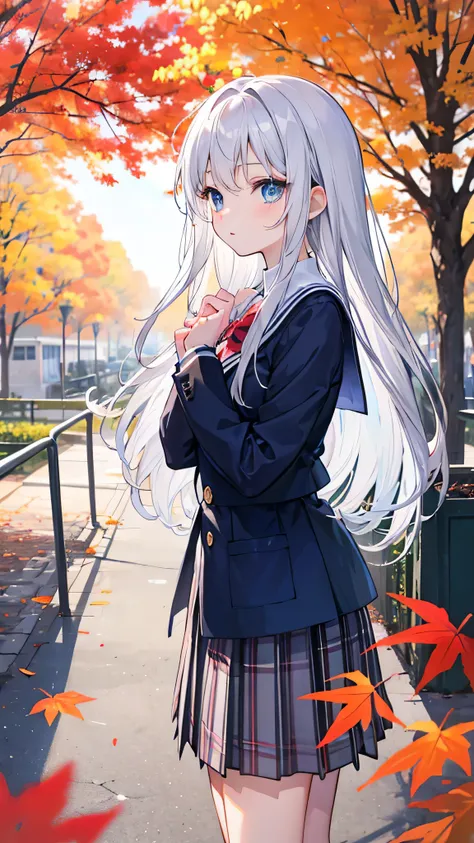 Long silver hair, blue eyes, cute anime girl, high school uniform for autumn, clear picture with no blurred fingers, no abnormalities. Background is school. Hands on the side.