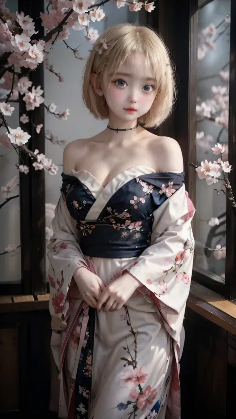 pretty girl、round face、big eyes、sagitales、 Dark Blue Eyes 、Platinum Blonde Straight Short Bob、Beautiful cherry blossoms in full bloom、Spring scenery seen from the room、 kimono、off shoulder、Super Mini、chest（D Cup）、cherry blossoms in full bloom are fantastic...