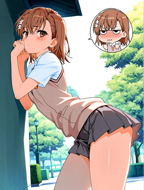 score_9, score_8_up, score_7_up, source_anime,masterpiece,best quality,amazing quality, misaka_mikoto, mini skirt, thighs, embarrassing face, blushing,park area