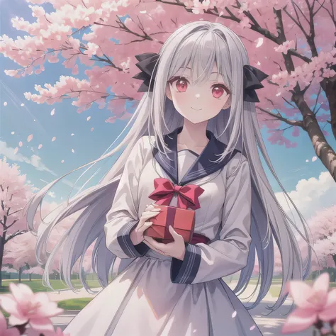 A breathtakingly beautiful 20-year-old woman stands in a lush park filled with cherry blossoms in full bloom beneath a clear blue sky. She wears a classic sailor uniform and gently holds a small, neatly wrapped gift box adorned with a red ribbon. Her radia...