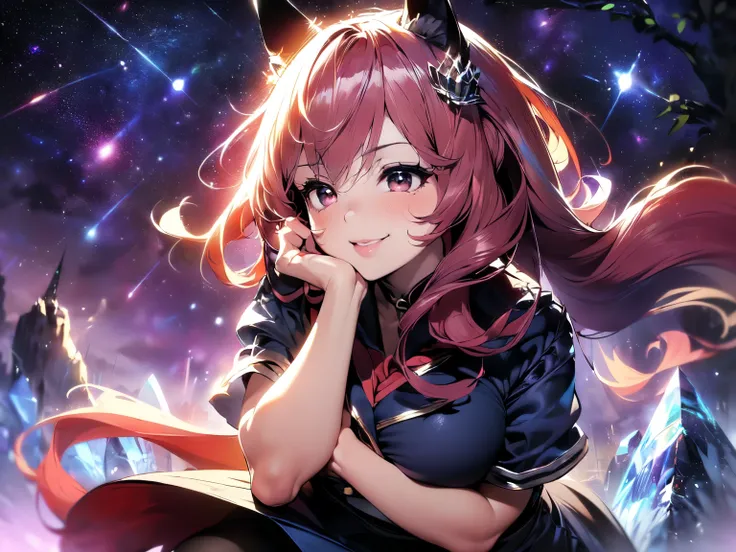 (((Solo, Anime))). (((Mature Woman with Horse Ears and Horse Tail))). ((Kneeling with legs spread, leaning forward, hands on buttocks)). ((Erotic Smile)). (((Navy Uniform. Navy Skirt. Black Pantyhose. See-Through))). (((Red Hair, Bob. Long Curls Torn by th...