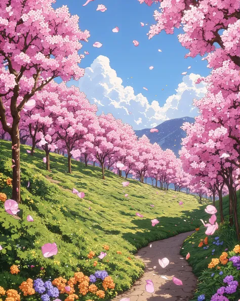 A breathtaking landscape of a cherry blossom park in full bloom, with vibrant pink sakura trees stretching across a lush green hill. The petals gently fall from the branches, creating a dreamy, peaceful atmosphere. The sky is a bright, clear blue with soft...