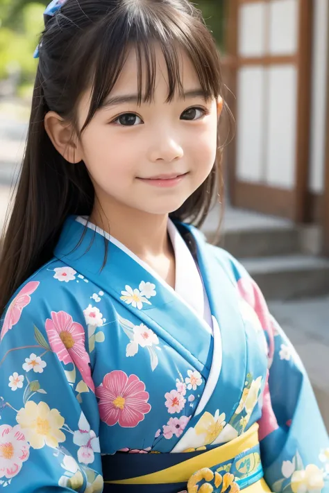 A beautiful elementary school student, one , Floral pattern on kimono 、Bust、I&#39; drinking tea and relaxing 、top quality、Hair is black、smile, I'm drinking steaming greentea,bust up, Cherry blossoms in the background , squats,Tight lower body,camera,night景...