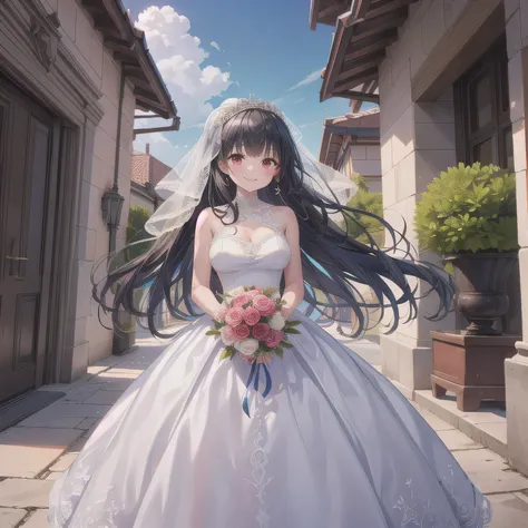 A breathtakingly beautiful 20-year-old woman stands in the courtyard of a luxurious mansion beneath a clear blue sky. She wears a white and blue wedding dress, holding a red bouquet gracefully in front of her chest. Her radiant smile and joyful expression ...