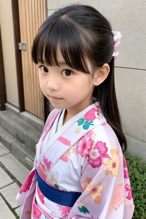 A beautiful elementary school student, one , Floral pattern on kimono 、Bust、I&#39; drinking tea and relaxing 、top quality、Hair is black、smile, I'm drinking steaming greentea,bust up, Cherry blossoms in the background , squats,Tight lower body,camera,night景...