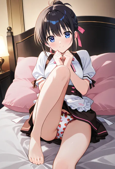 (A waitress at a long-established French restaurant in a luxury hotel showing strawberry patterned panties )、A cute 20-year-old anime-style girl、 bed facing a man、lightly lift one leg to show the bottom of the foot to the viewer、I'm staring at me while dye...