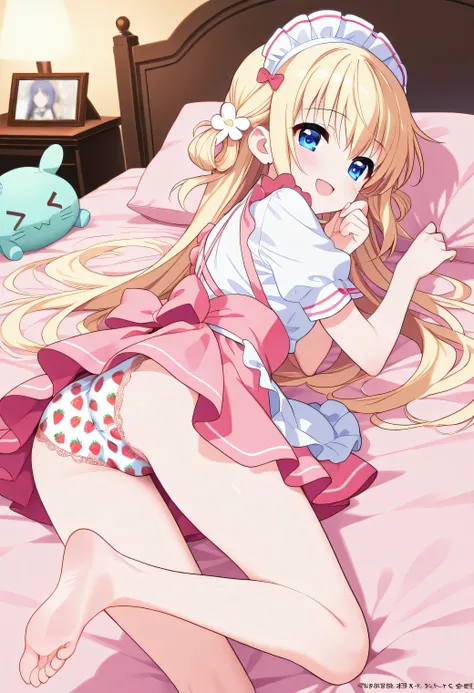 (A waitress at a long-established French restaurant in a luxury hotel showing strawberry patterned panties )、A cute 20-year-old anime-style girl、 lies down on the bed 、holding her face with one elbow、holding her face。wearing cute clothes with mini skirts、i...