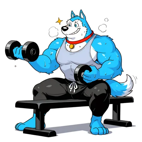 Exile (Road Rovers), high quality, blue fur, white fur, anthro dog, solo, male, full body, red collar, blue eyes, smile, high quality, best resolution, tanktop, sweaty tanktop, workout pants, bare arms, white background, simple background, holding dumbbell...
