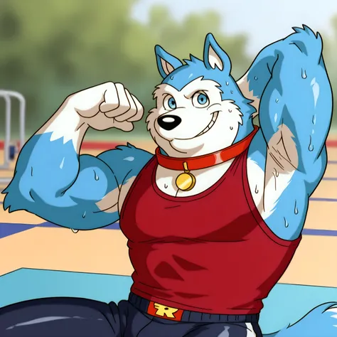 Exile (Road Rovers), high quality, blue fur, white fur, anthro dog, solo, male, half body, red collar, blue eyes, sweet smile, high quality, best resolution, tanktop, workout pants, bare arms, gym background, (blurry background), thick arms, sitting, sweat...