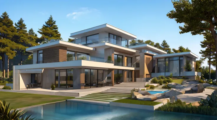 Modern style, house building, interior furniture, exterior house, contemporary style, ( wood bars ) wall, granite floor, thatched roof, glass window, (realistic:1.2), Masterpiece, high quality, best quality, finish color paint , garden trees, terrace space...