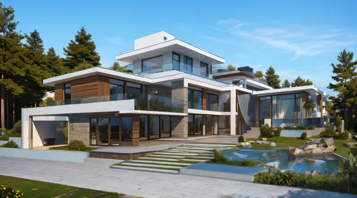 Modern style, house building, interior furniture, exterior house, contemporary style, ( wood bars ) wall, granite floor, thatched roof, glass window, (realistic:1.2), Masterpiece, high quality, best quality, finish color paint , garden trees, terrace space...