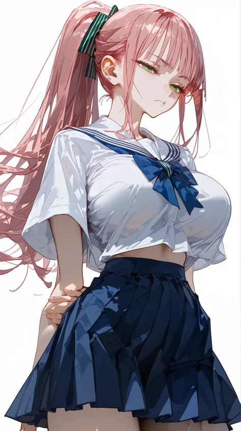 (masterpiece, best quality), 1girl, standing, rise hip, hand between legs, tilt head, sideways glance, break half-closed eyes, (green eyes), stoic, looking down, light frown, break 17yo, huge long breasts, (beautiful pink hair, ponytail, long hair), school...