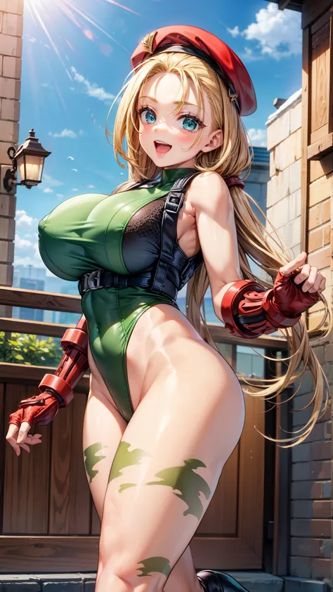 masterpiece、 high image quality during sick leave、smiles、open mouth、(blonde long hair)、(is standing、big breasts、NSFW)、(wearing high-leg thong )、 blue eyes、 (thong )、cammy white, long hair, blonde hair,  beret , (red headwear:1.3), large breasts, (Green leo...