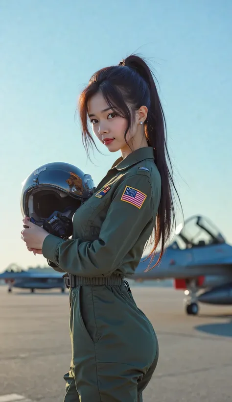 Female Fighter Pilot A female fighter pilot stands confidently at a military air base. The background features a clear blue sky, a runway, and a row of fighter planes. She is wearing a pilot’s uniform, holding her helmet in one hand while removing her gogg...