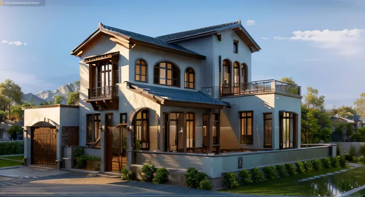 Traditional style, house building, interior furniture, exterior house, contemporary style, ( wood bars ) wall, granite floor, thatched roof, glass window, (realistic:1.2), Masterpiece, high quality, best quality, finish color paint , garden trees, terrace ...