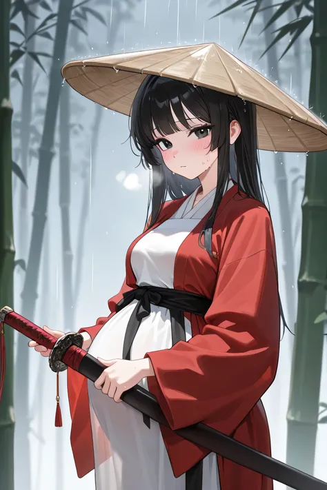 (Best quality, 4k, 8k, high resolution, masterpiece:1.2), ultra detailed, intricate details, beautiful girl, alone, long black hair, bangs, black eyes, medium breasts, perfect smooth skin, looking at viewer, head tilted, traditional Asian clothing, red han...