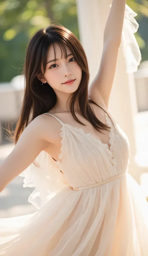 A young and beautiful Japanese woman dances gracefully in a soft cream-colored, fluffy dress. The delicate fabric flows around her as she twirls, creating a sense of lightness and elegance. Her long, dark hair cascades gently with each movement, framing he...