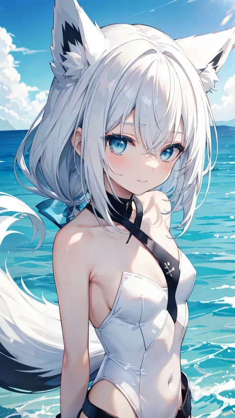 top quality、、(Whitening skin,)、 Silver Hair、light blue eyes,Petite、slender、(swimsuit,cross holster,,),Seaside,smile, fox ears,Fox Tail,,toned body,