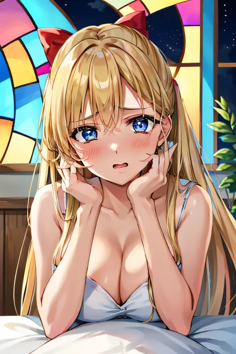 close up face:1.4, upper body, aino minako, 1girl, blonde long hair, sissy, on hands on bed:1.3, submissive_pose, Agonized look face:1.3, blush, trembling body, cleavage, Stained-glass windows, night (extremely detailed, masterpiece, high resolution, absur...