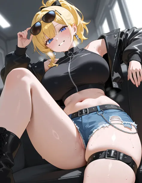 blonde mini ponytail　sunglasses　earrings　Thigh belt　street fashion　Black tops　hot pants　Jacket　black jersey　pretty girl　 Tall　Big Breasts　white breath　 Smile　sweat　embarrassing expression　 is sitting