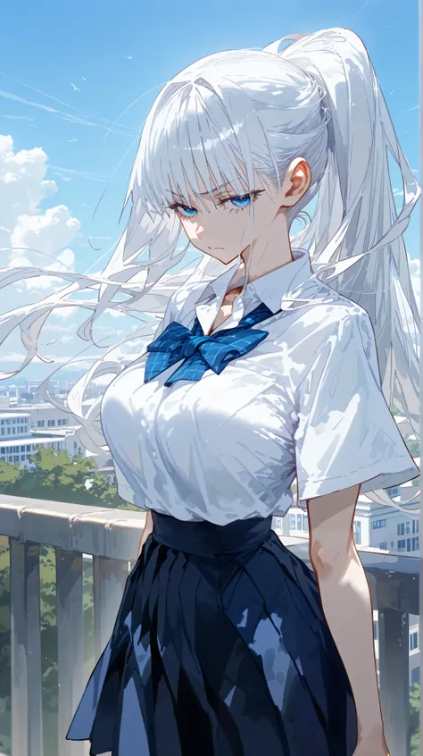 (masterpiece, best quality), 1girl, leaning against fence, hands behind her holding onto railing, rise hip, tilt head, sideways glance, break half-closed eyes, (blue eyes), calm expression, light frown, break 17yo, huge long breasts, (beautiful white hair,...