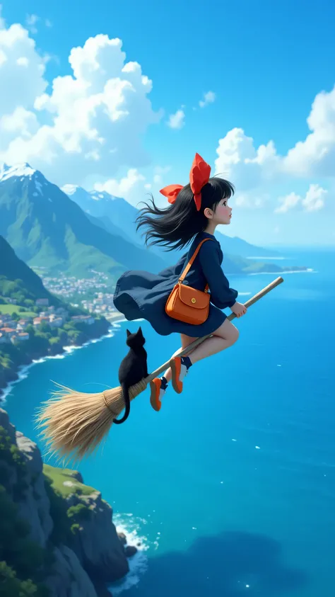 dutch angle, the whole lens is tilted,In the foreground is a girl flying on the surface of the sea with a broom, shoulder-length black hair flutters in the wind, Wearing a big red bow on her head, wearing a dark blue dress, Carrying a cute orange shoulder ...