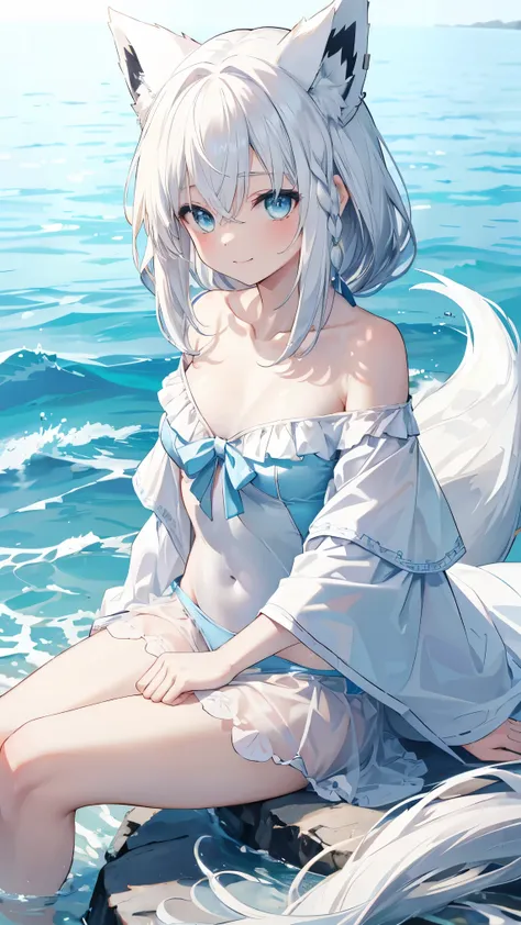 top quality、、(Whitening skin,)、 Silver Hair、light blue eyes,Petite、slender、(swimsuit,off shoulder,,),Seaside,smile, fox ears,Fox Tail,,toned body,