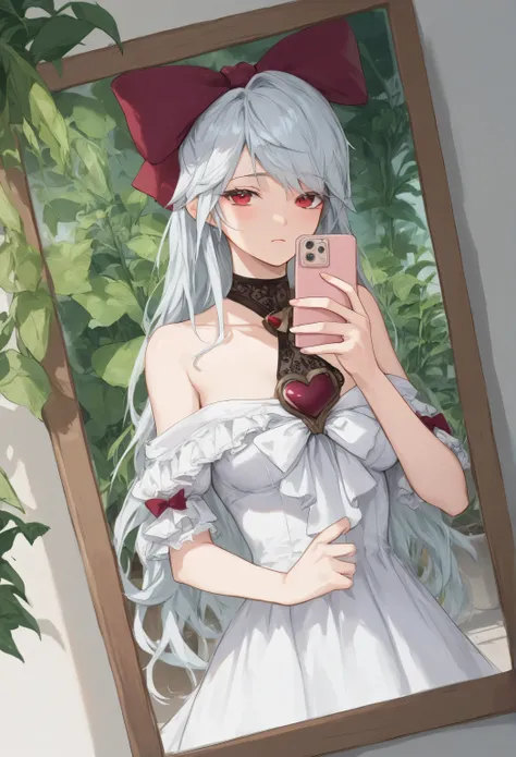 score_9, score_8_up, score_7_up, sinestrea, 1girl, white hair, bare shoulders, white dress, frown hair bow, long hair, heart brooch, medium breasts, hair bow, ribbon, red eyes, A young woman with long, wavy black hair is taking a mirror selfie with a small...