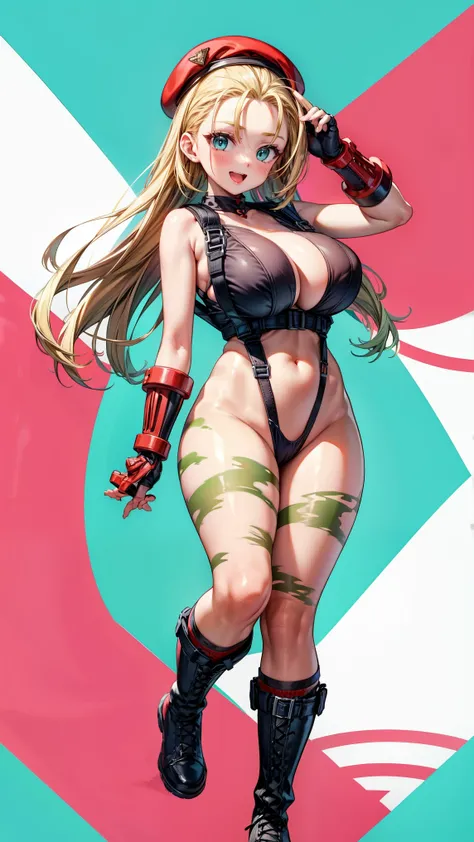 masterpiece、 high image quality during sick leave、smiles、open mouth、(blonde long hair)、(is standing、big breasts)、(wearing high-leg thong )、 blue eyes、 (thong )、cammy white, long hair, blonde hair,  beret , (red headwear:1.3), large breasts, (Green leotard:...