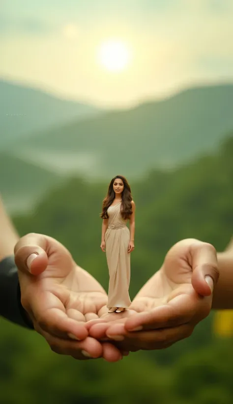 Nayanthara as a tiny human figure standing gracefully in the large hands of an unknown person. She is dressed in a simple yet elegant outfit, with her hair flowing naturally. The hands holding her are detailed, with soft lighting and realistic textures. Th...