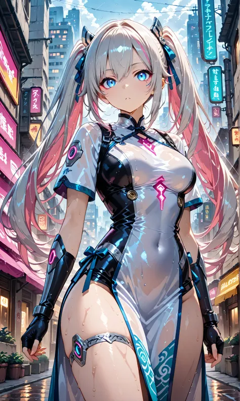 Masterpiece, best quality, very aesthetic, Evasion Bullet, ((slow motion:1.3)), ((big、bullets envelop her. :1.3)), Girl with Jet Black Twin Tails tied with ribbons, is wearing a teal-colored China dress with silver embellishments, They hold pistols and hol...