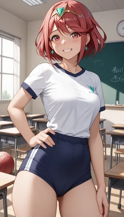 score_9, score_8_up, score_7_up,  source_Anime top quality、8k、 masterpiece、Ultra High Precision、 natural light、PERFECT ANATOMY、 perfect eyes、beautiful eyes、 Highlights、One Woman、medium breasts、saggy breasts、Pyra 、(is embarrassing:1.3、 happy)、Japanese gym c...