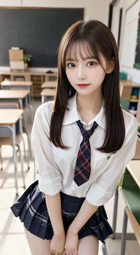 (beautiful girl、cute face、medium hair、staring at the viewer:1.3)、top quality,8K image、 perfect double eyelids、happy、natural color makeup、Moist lips、white skin、(straight hair, Strongly Blurred White Background 、classroom、high school uniform、plaid skirt、is s...